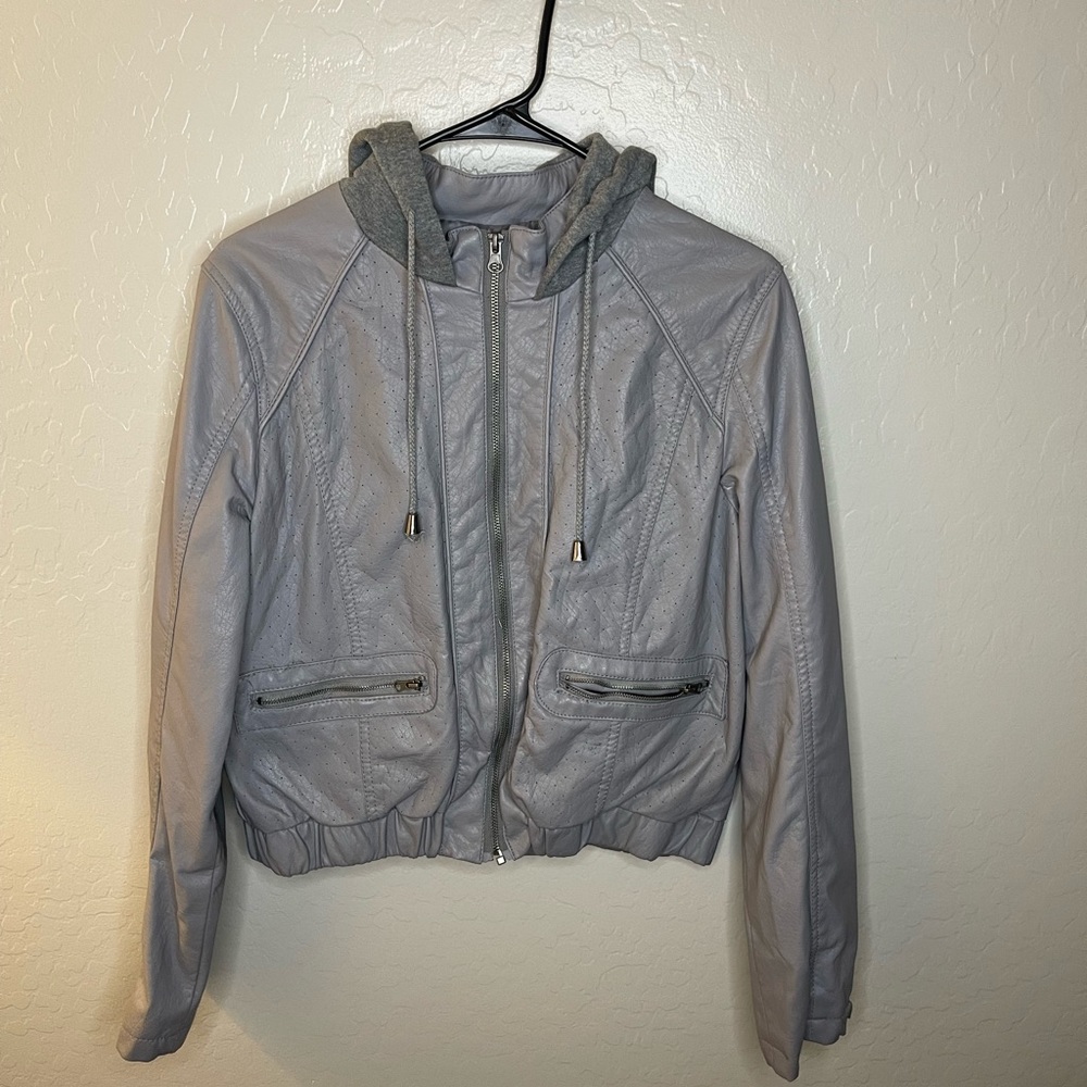 Grey Faux Leather Jacket with Sweater hood